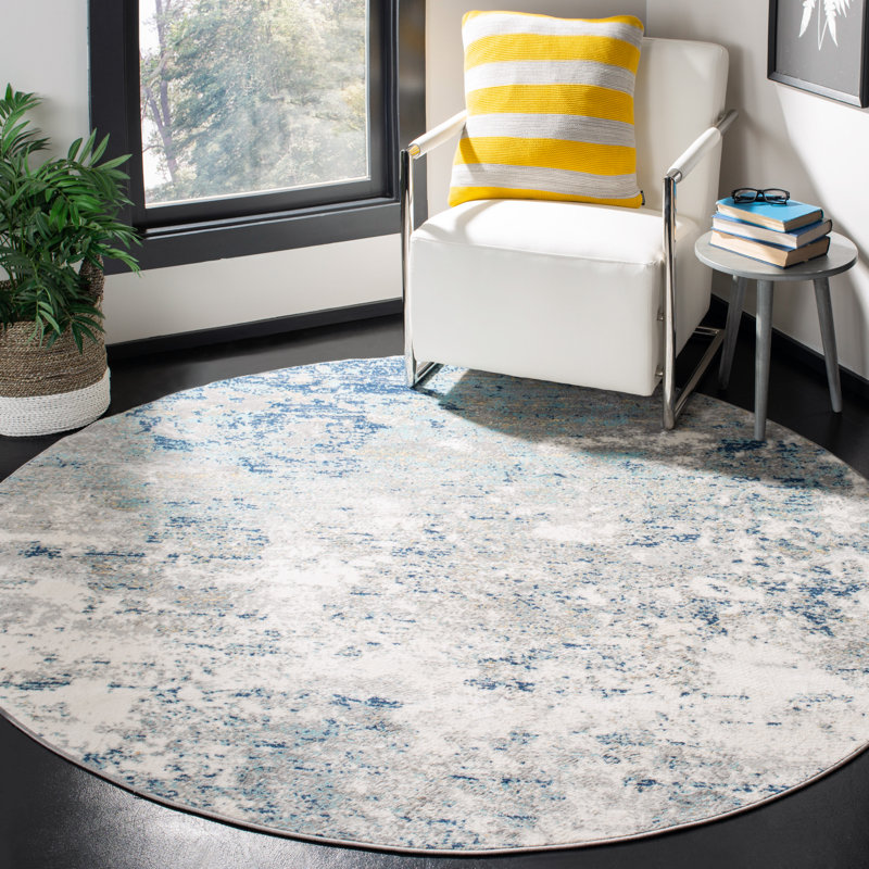 Tapis abstrait gris clair / bleu N'Keal, Rond 12 pi, Light Grey/Blue