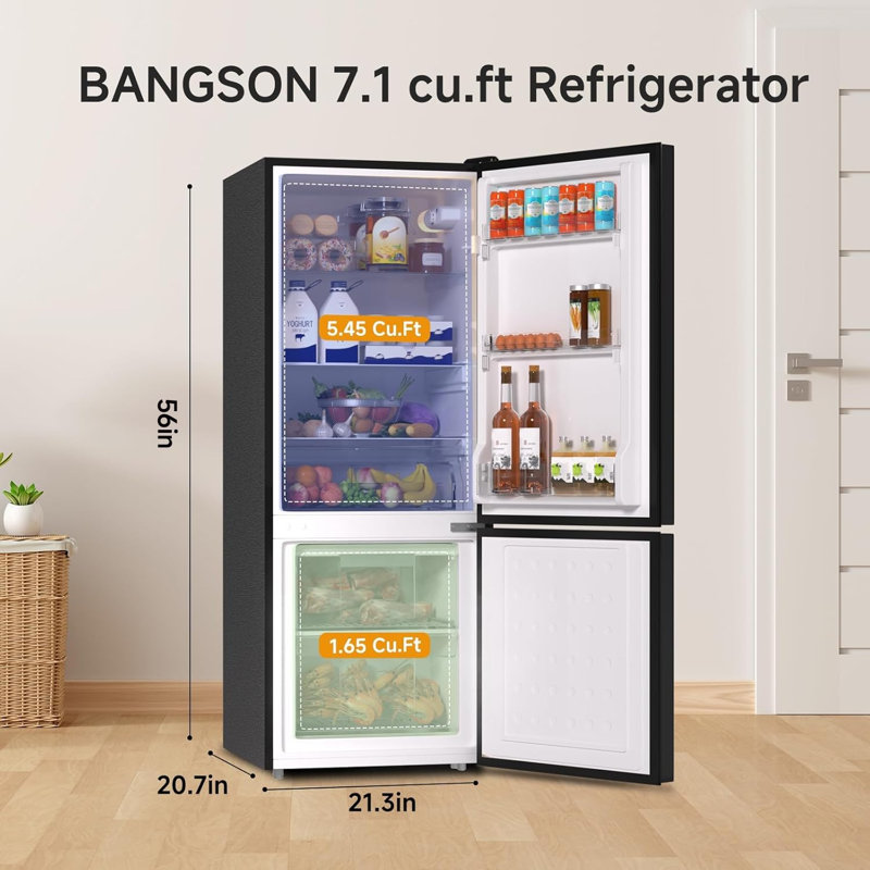 BANGSON 7.1 Cu.Ft, 2 Doors Apartment Size Fridge with Bottom Freezer, Silver