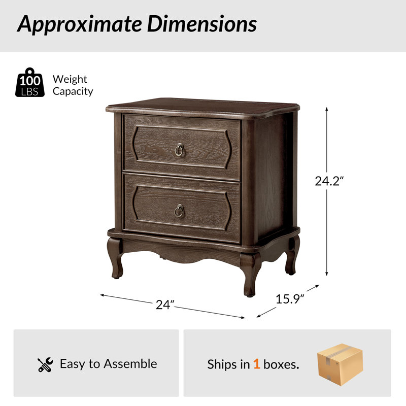 Lundgren 24"W Traditional 2-Drawer End Table with Simple Assembly and Charging Station, Walnut