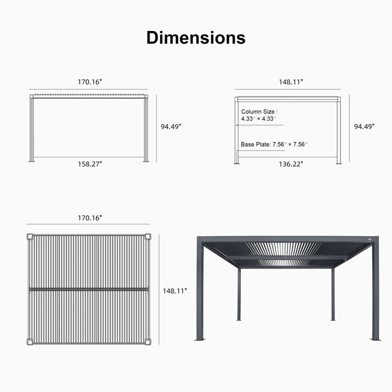 Gray Outdoor Louvered Aluminum Pergola, 12 ft. W x 14 ft. D