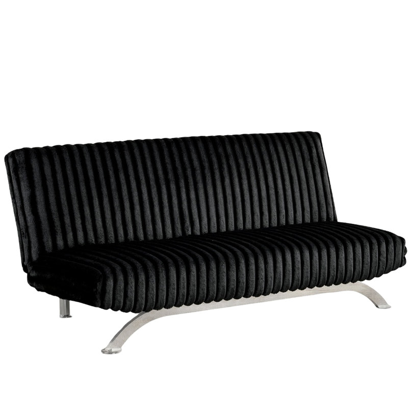 Futon contemporain se transformant en lit, housse en tissu noir, pieds avec base en métal fini, bois d'ingénierie et fabrication, support supplémentaire d'une largeur de 71 pouces, d'une profondeur de 33,5, d'une hauteur de 31 et de 2 sièges