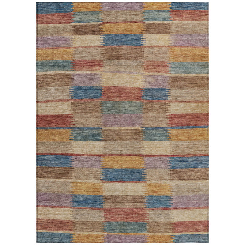 Tapis intérieur lavable à rayures bleues et dorées 5 pi x 8 pi beige