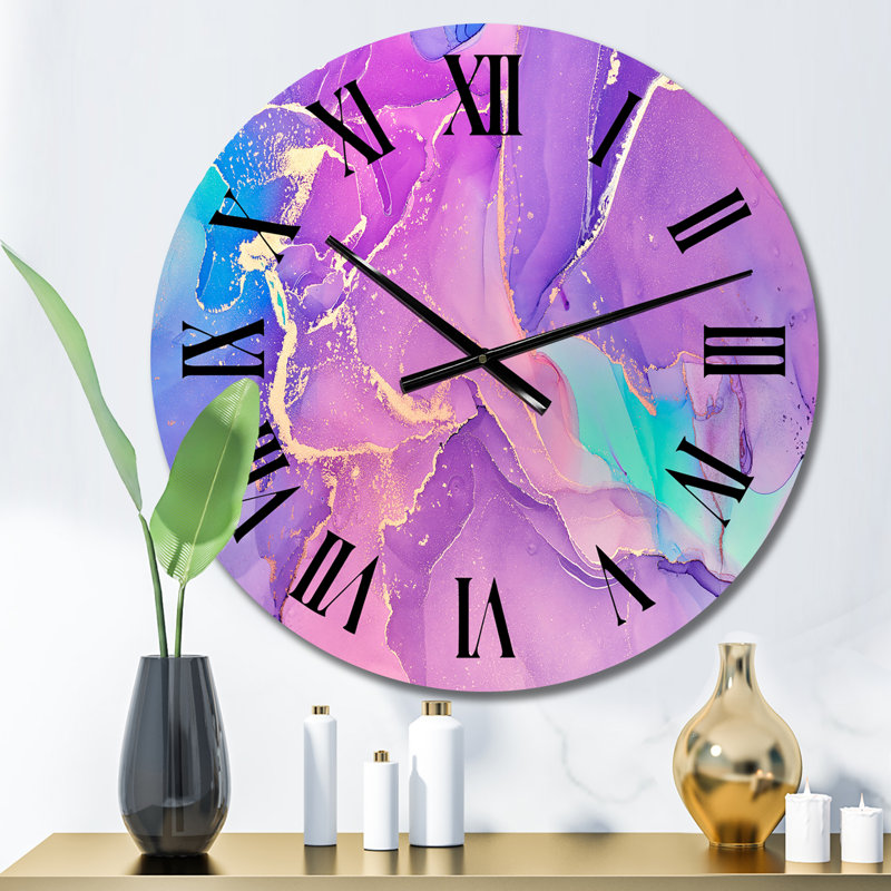 Rose et mauve, art liquide abstrait I - horloge murale moderne, Moyen