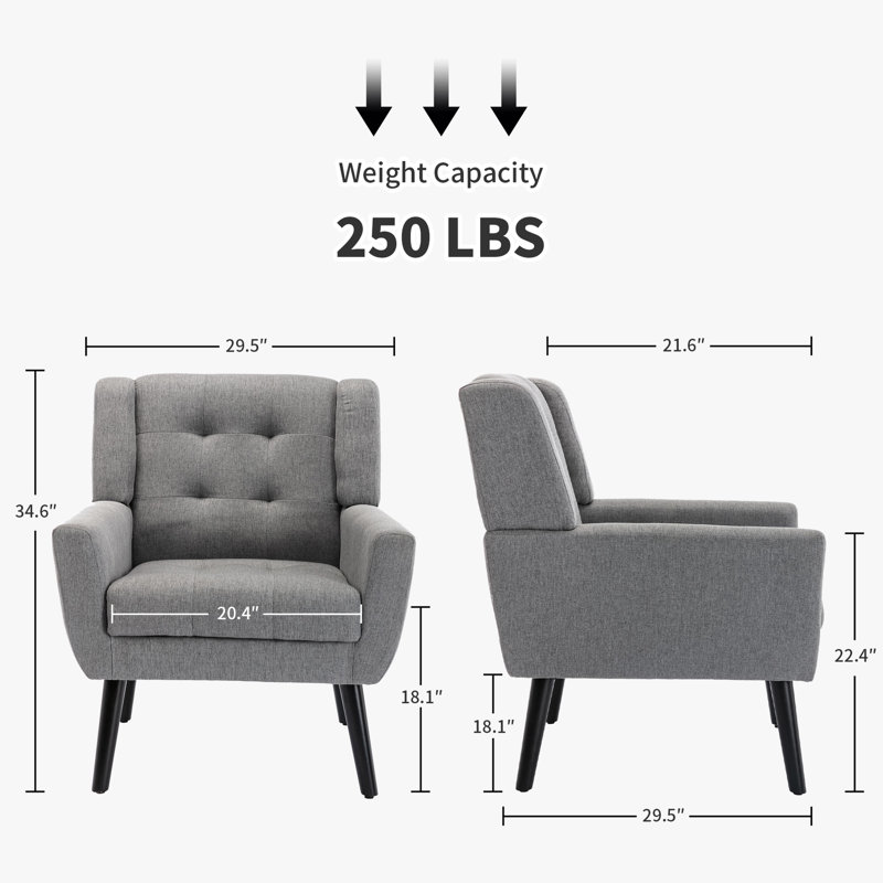 Ensemble de 2 fauteuils capitonnés rembourrés à dossier large, Mélange de lin gris clair