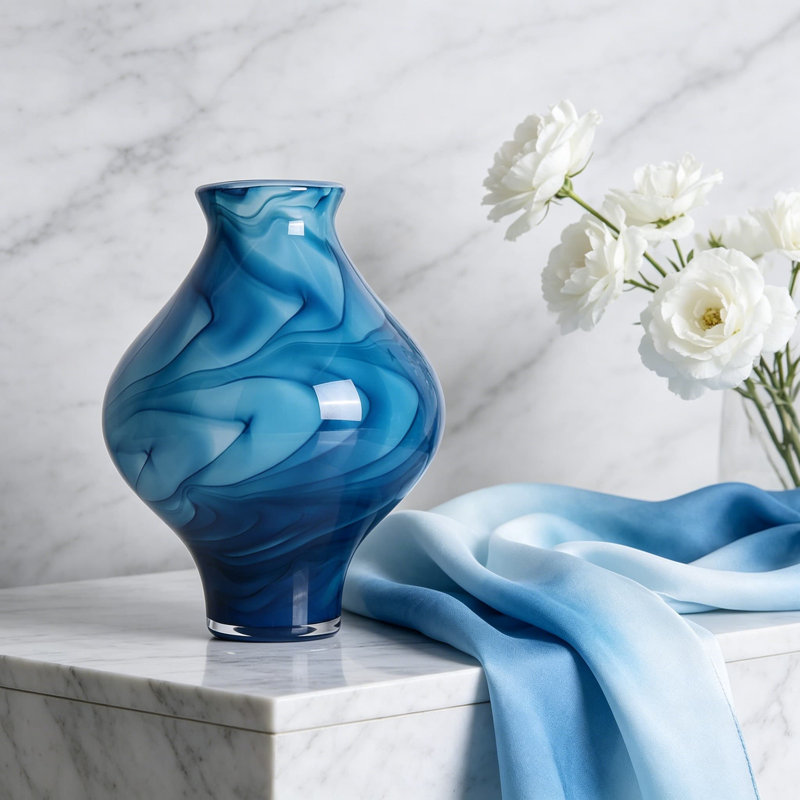 Vase en verre bleu soufflé à la main, vase d'artisan moderne pour la maison et le bureau, pièce maîtresse unique pour table, tablette ou manteau de cheminée