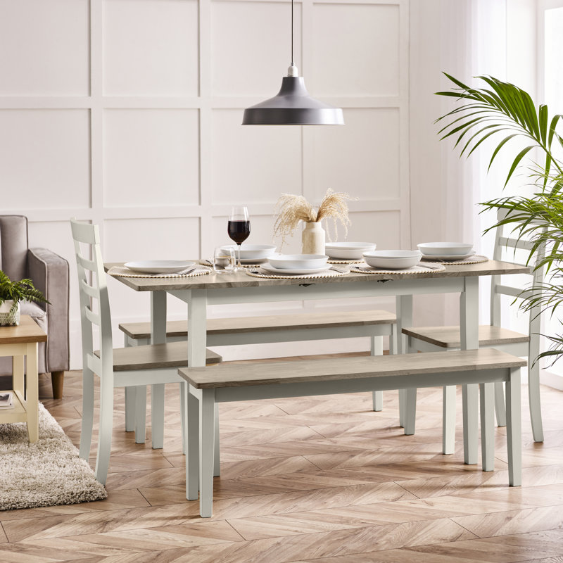 Alissah Rubberwood Extending Dining Table Set, 5 Pieces: Table, 2 Benches, 2 Chairs, White/Gray