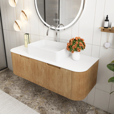 Meuble-lavabo mural 48 po pré-assemblé en grain de bois naturel avec lavabo rectangulaire en céramique blanche