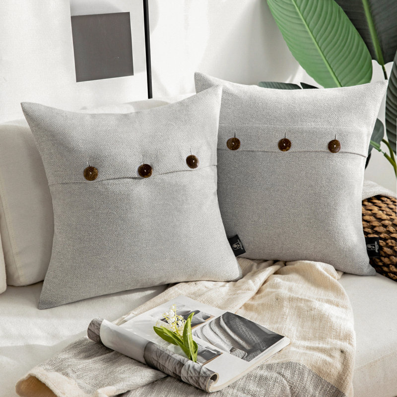 Linen Square 18" Throw Pillow Cover with Coconut Shell Button Closure, 18" x 18", Light Gray, Pillow Cover Only - No Insert
