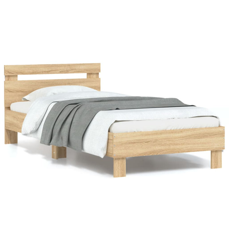 17 Stories Bed Frame With Headboard And LED , Sonoma Oak, European Single (90 x 200 cm)