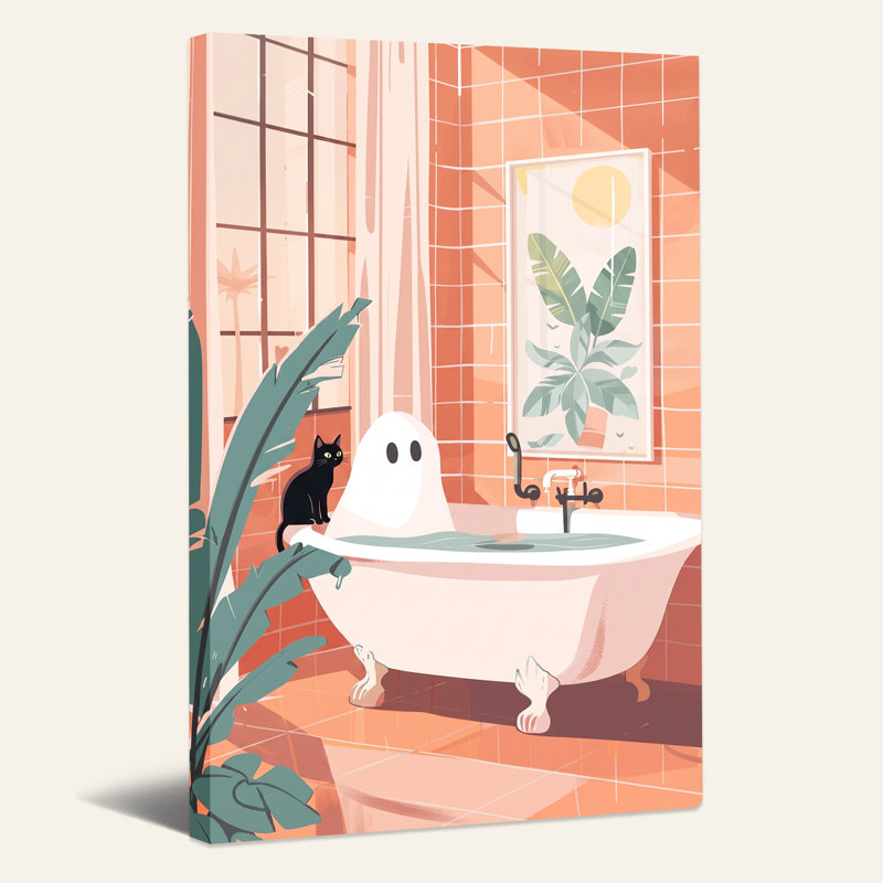 «Ghost Bathing in Pink Tub with Black Cat in Halloween», art mural sur toile, H 30 po x l 20 po