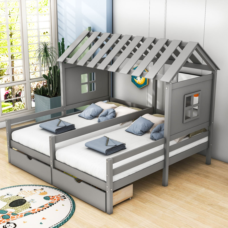 Lit plateforme simple en bois avec garde-corps 2 tiroirs Charleston, gris