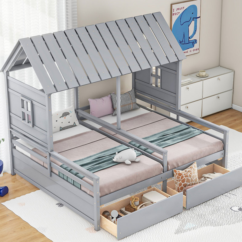Lit plateforme House avec deux tiroirs pour lits partagés, combinaison de 2 lits côte à côte, Gris