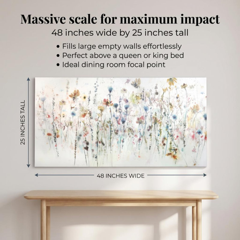 Watercolor Wildflowers 25x48" by Studio Arts, Large Oversized Floral Botanical Canvas Wall Art Print, 25" H x 48" W, No Frame