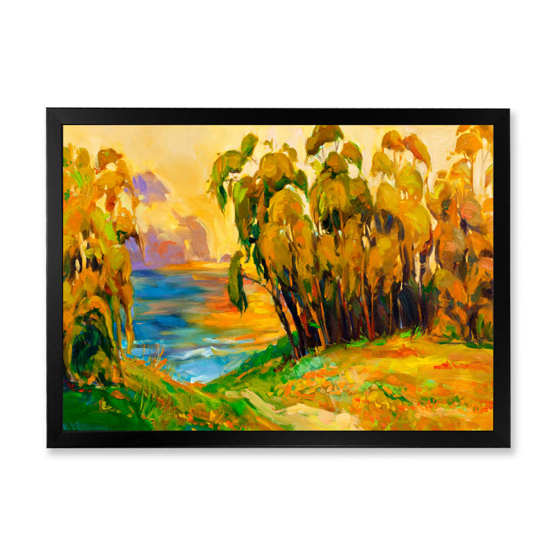 «Green Trees By The Riverside pendant Evening Glow», peinture sur toile, H 24 po x l 32 po x P 1 po, Cadre noir