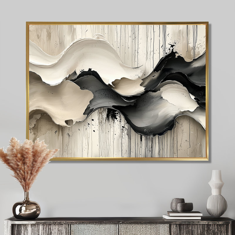 Gris sur fond blanc l'encre rythmique de la rivière Ink II - vagues modernes abstraites, H 34 po x l 44 po