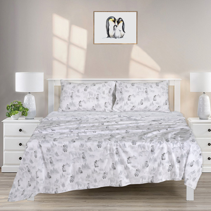 100% Cotton Flannel Sheet Set, Twin Sheet Set + Fitted Sheet + 1 Pillowcase, Penguin