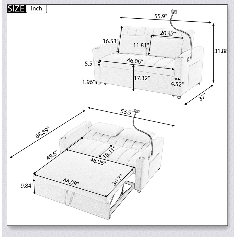 55.9" Convertible Sofa Bed Loveseat Sofa with Three USB Ports, Two Side Pockets, Beige