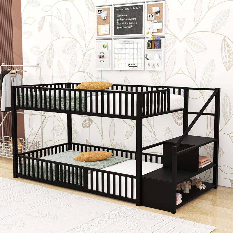Metal Twin Over Twin Bunk Bed with Stairs Storage & Safety Railings, Black