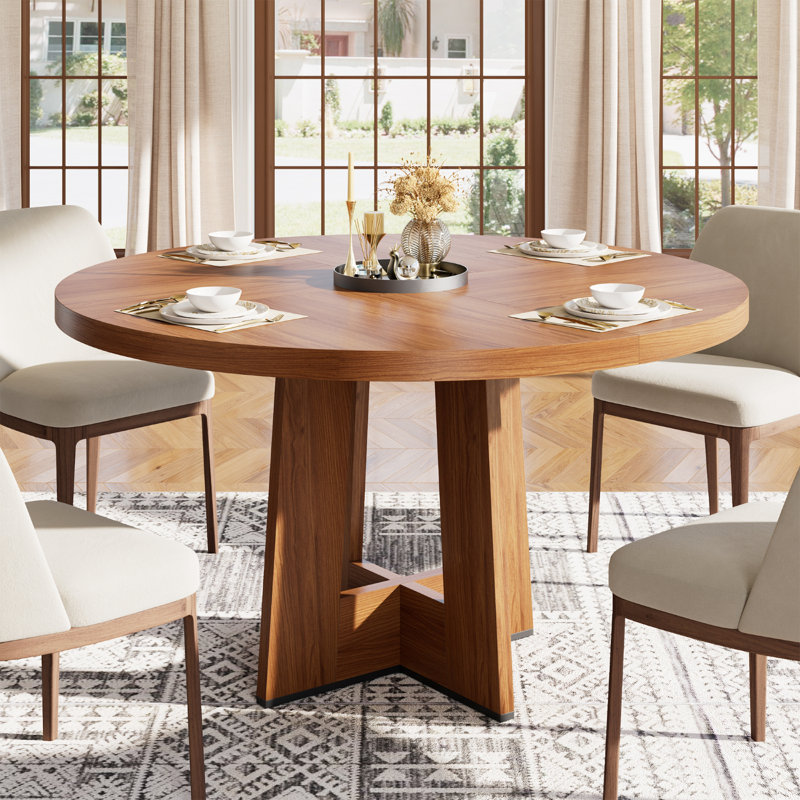  47" Round Dining Table for 4-6 People - Circle Kitchen Dinner Table with Sturdy Pedestal Base, Space Saving Dinning Room Furniture for Living Room, Kitchen, Apartment, Walnut