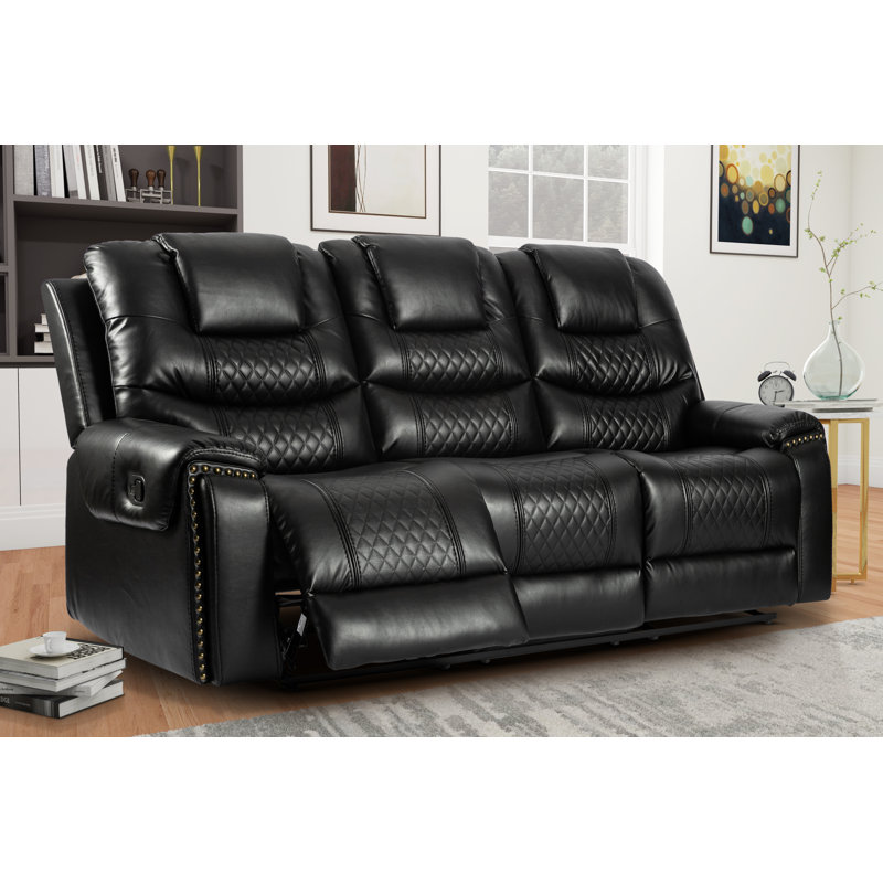 Pauling Manual Recliner Sofa, Black Faux Leather, 3