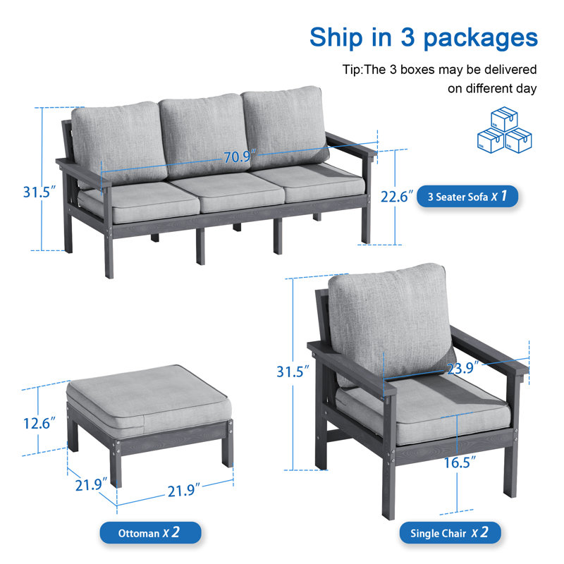 5 PCS Heavy-Duty HIPS Outdoor Sofa Set with Ergonomic Design & 3-in-1 Ottoman, Patio Furniture Set with Fade Resistant and Thickened Cushions for Patio, Yard, Garden