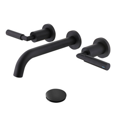 Robinet de lavabo de salle de bain mural moderne à 2 poignées en laiton massif noir mat sans plomb avec ensemble de bonde