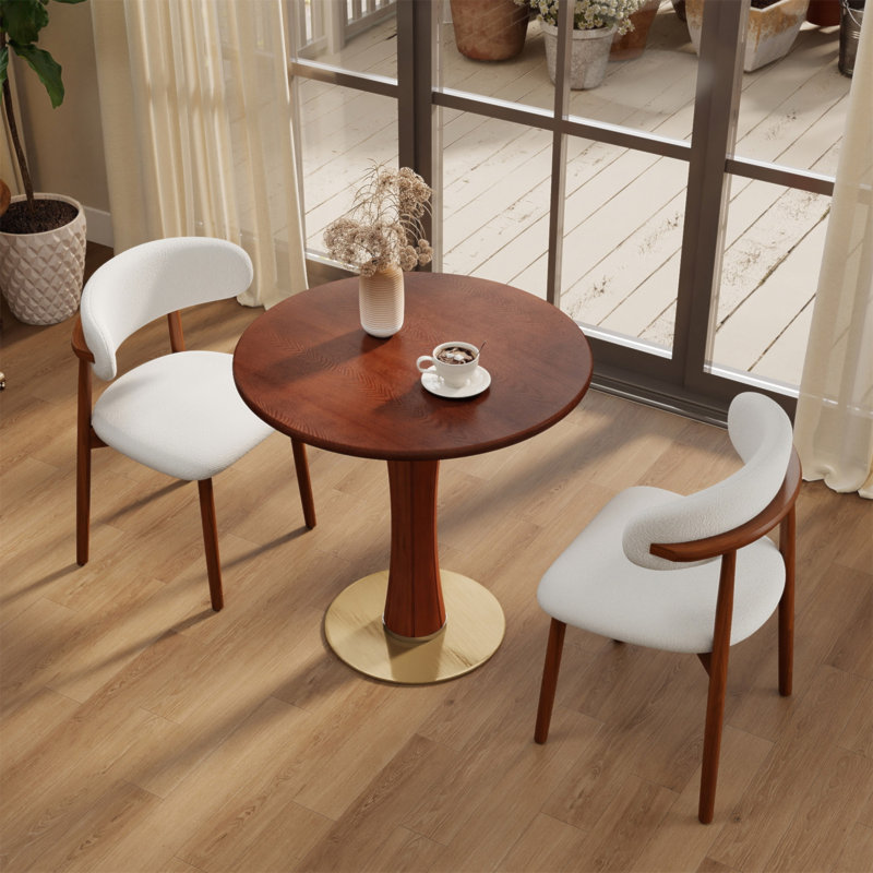 Φ Table de salle à manger ronde rétro en noyer de 80 cm avec base en laiton et bois massif. Table avec pieds en bois et base dorée, table pour 2 personnes pour petit espace