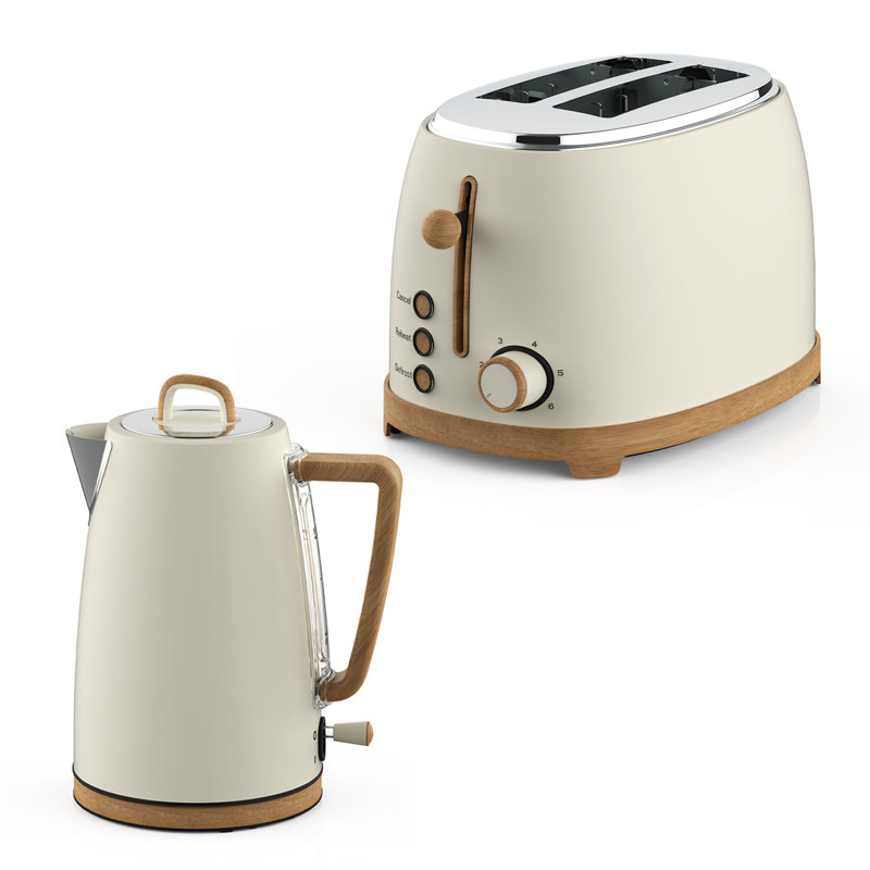 GEEPAS NordiQ 2 Slice Toaster & 1.7L Electric Kettle Combo Set | Matte Finish with Wood Accents | 850W 6 Browning Levels Defrost Reheat & Cancel | 3000W Rapid Boil Cordless Jug Kettle