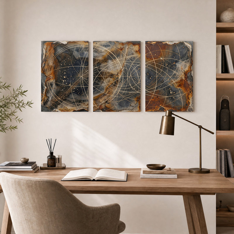 Ensemble de 3 toiles murales représentant des lignes géométriques dorées sur du métal rouillé, 24"H x 16"W x 3pcs
