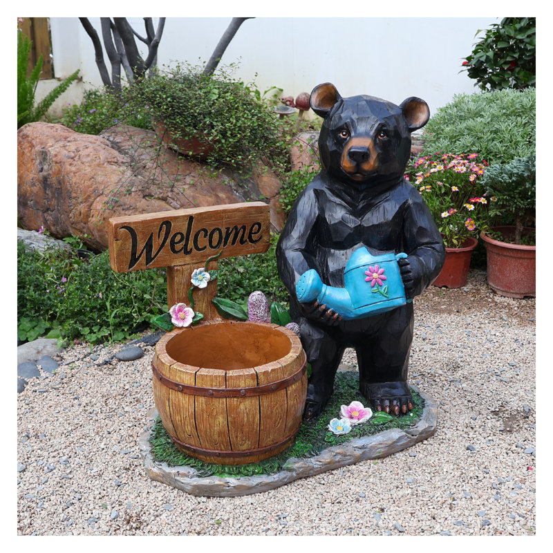 Charmante statue de jardin d'ours avec pot de fleurs - Sculpture d'extérieur peinte à la main pour décoration de jardin, de patio et de pelouse