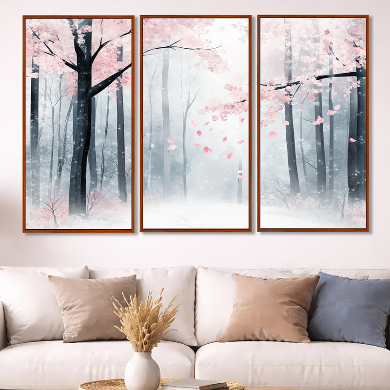 «Seasonal Forest Wall Art, Winter Spring Woods Canvas - Transition Forest Entre Winter And Spring», ensemble de 3 toiles encadrées