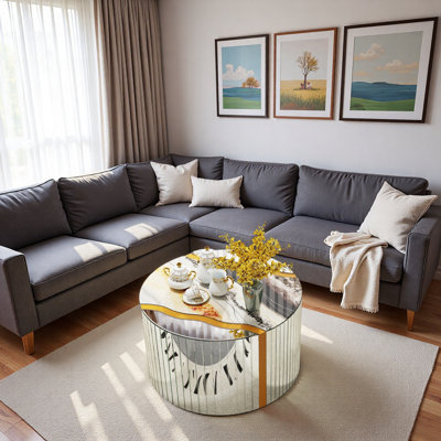 Cylindrical Coffee Table With Mirrored Glass, Marble Pattern And Gold Powder Decoration