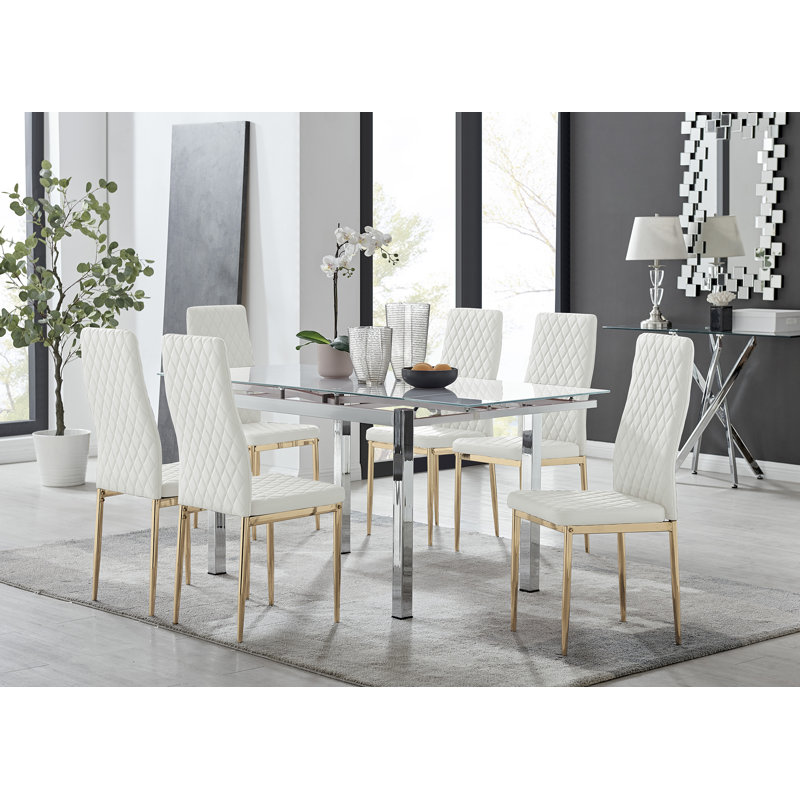 Tierra Modern Glass & Metal Extendable Dining Table Set & 6 Luxury Faux Leather Dining Chairs, White/Gold