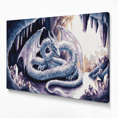 SciFi Crystal dragon in cave Gray Canvas Wall Art
