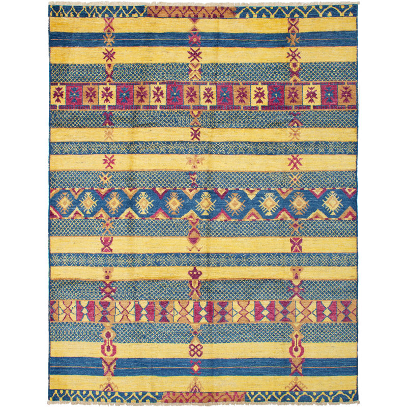 Tapis unique en laine noué à la main jaune et bleu style Mogul des années 2010 de 9 pi x 11 pi 6 po Aspasius