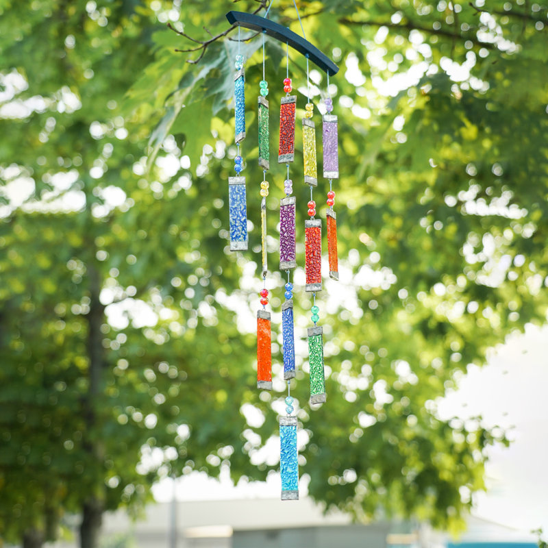 Rainbow Textured Glass and Wood Wind Chime