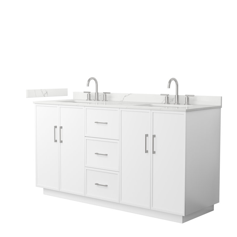Ensemble de meuble-lavabo double autoportant 66 po avec plateau en quartz Elan TK, Quartz Giotto, Blanc, Nickel brossé