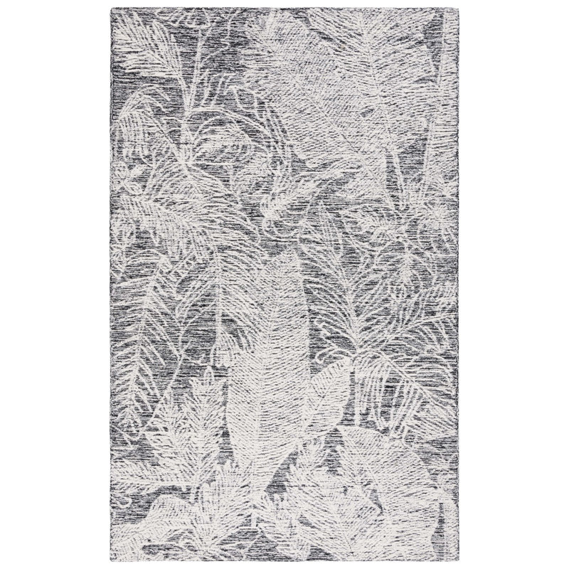 Yeal Hand Tufted Wool/Cotton Floral Rug in Black/Ivory, Rectangle 5' x 8'