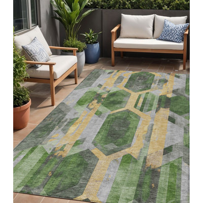 Tapis géométrique lavable intérieur / extérieur vert 5 pi x 8 pi