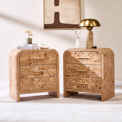 Ensemble de 2 tables de chevet à 3 tiroirs avec grand coin arrondi - 1,18 po en bois d'ingénierie, large 50 lb