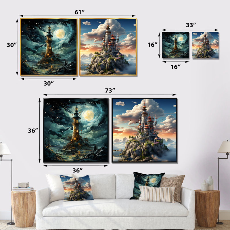 Fantasy Wizards Tower I - Fantasy Canvas Art Print Set Of 2, 16" H x 33" W x 1" D, Wrapped Canvas