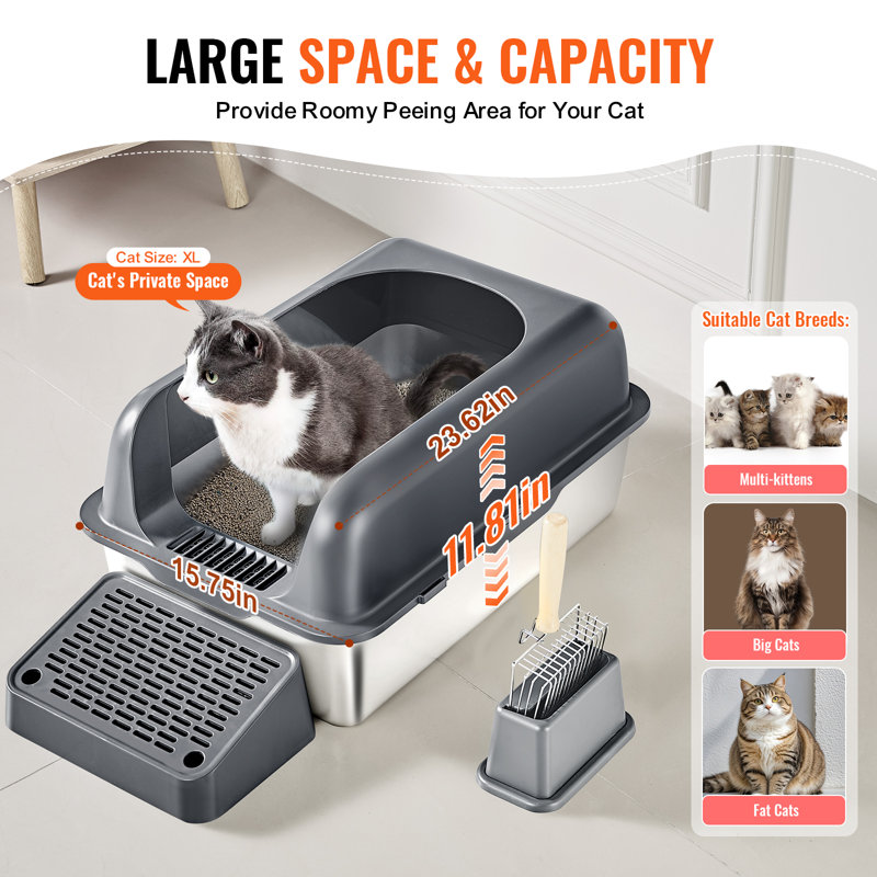 Extra Large Dark Gray Stainless Steel Covered Cat Litter Box with Scoop