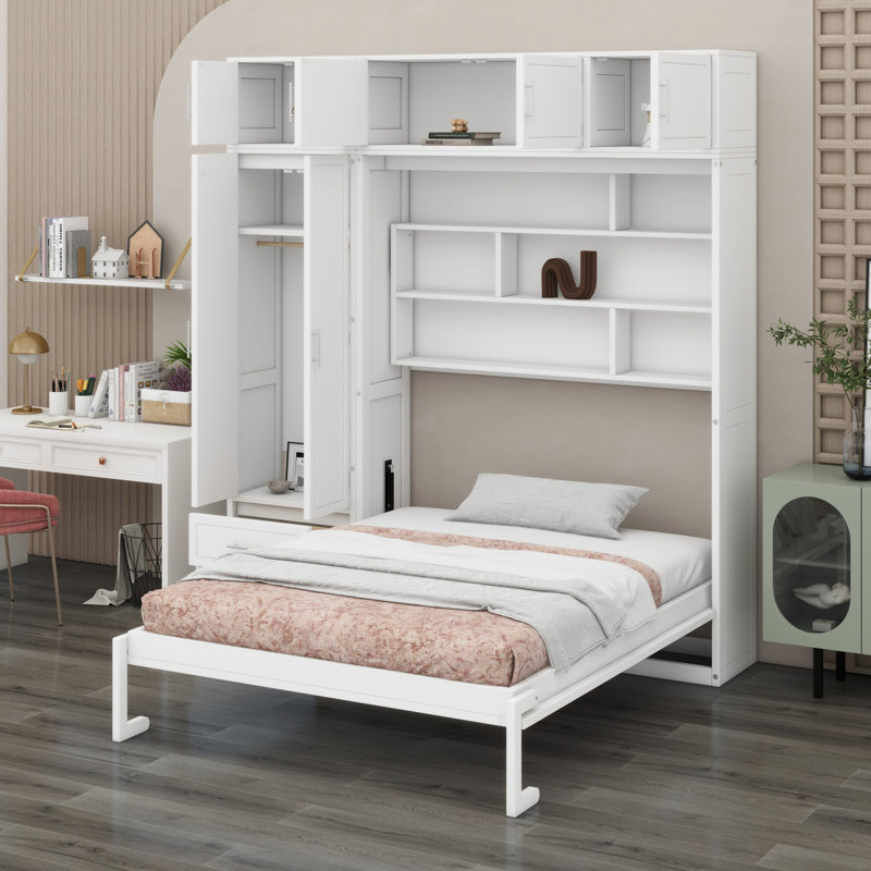 Lit escamotable avec armoire supérieure, tablettes et garde-robe, lit pliant peu encombrant, Blanc