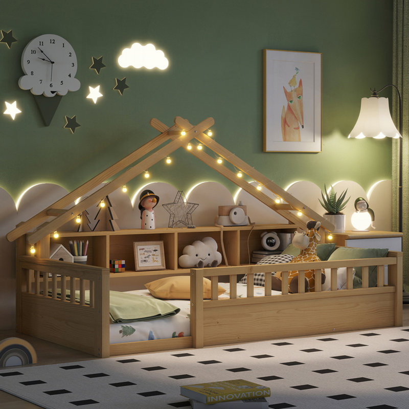 Lit en bois avec bibliothèque et lumière, Lit simple, Naturel