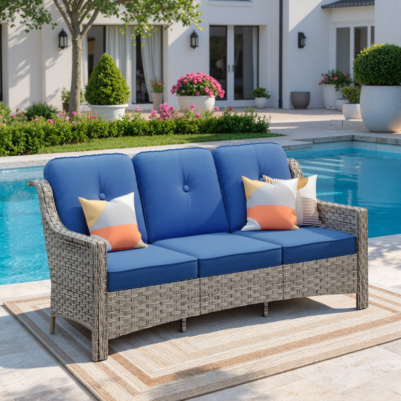Sturgill 72 " W 3-Person Straight Outdoor Wicker Patio Sofa with Cushions, Navy
