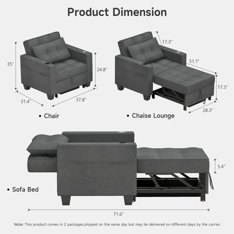 38" Wide Convertible Chair 3-In-1 Pull Out Sleeper Futon Chair Beds with Wireless Charging