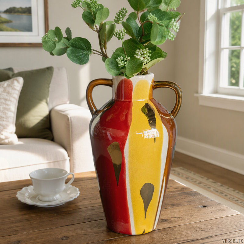 Vase amphore en céramique de 18,8 x 16,3 x 31,5 cm avec finition abstraite multicolore
