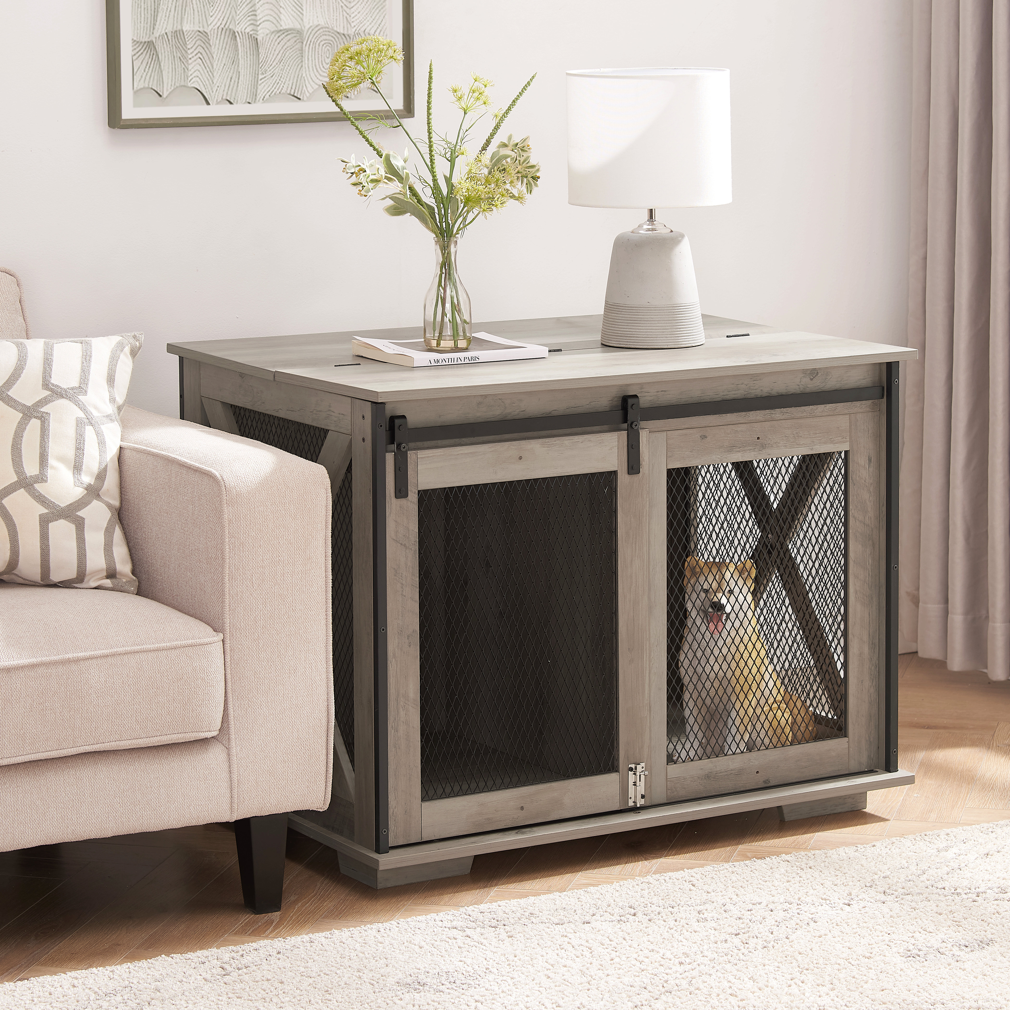 Archie & Oscar™ Farmhouse Dog Cage Crate Furniture With Sliding Barn ... - Farmhouse Dog Bed Crate With Rattan Sides