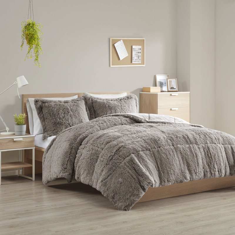 Brielle Shaggy Faux Fur Comforter Set with Faux Mink Reverse, Gray, Twin/Twin XL Comforter + 1 Standard Sham
