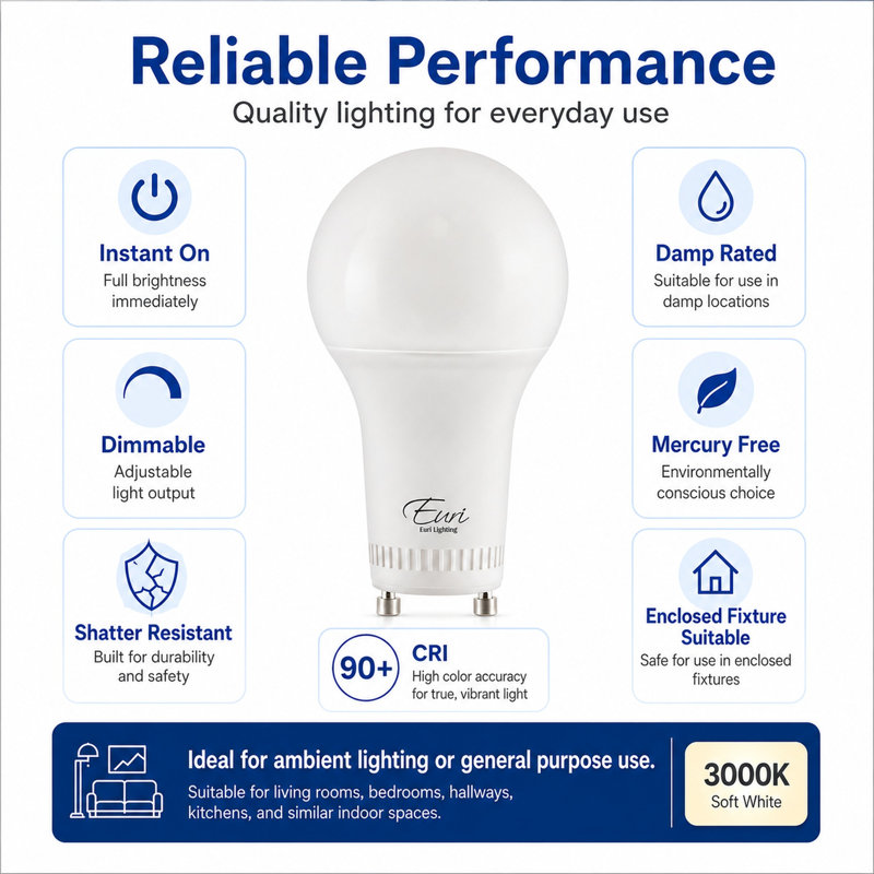 Ampoule DEL Euri Lighting A19, 12 W, 1100 lm, équivalent 75 W, 3000 K, culot GU24, conforme aux normes CEC/JA8/Titre 24 et UL.